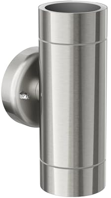 ledscom.de Wandleuchte WEDO für außen, chrom matt, Edelstahl, IP44, zweiflammig, Up & Downlight, inkl. 2 GU10 LED Lampen, je 450lm weiß