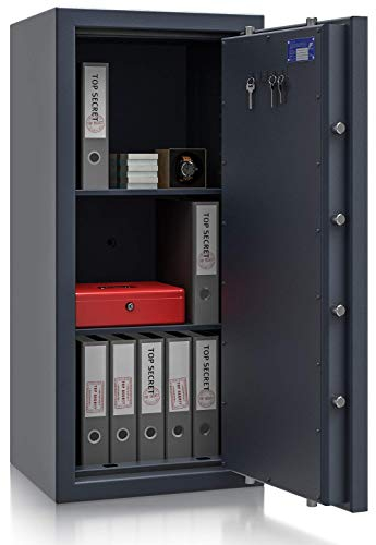 Müller Safe Wertschutzschrank Grad 3 EN 1143-1 BM3-5 | H1200xB550xT465 | Doppelbartschloss mit 2 Schlüssel | ECB-S Zertifiziert | 2 Fachböden | Platz für 18 A4-Ordner | 450 kg