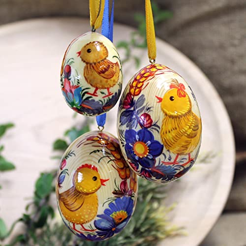 Handbemalte Ostereier aus Holz 6,5 cm 2 St und 4,5 cm 1 St St. Osterdekoration zum Aufhängen Für den schönen Osterstrauß mit Ukrainischer Petrykiwka-Malerei (Blau)