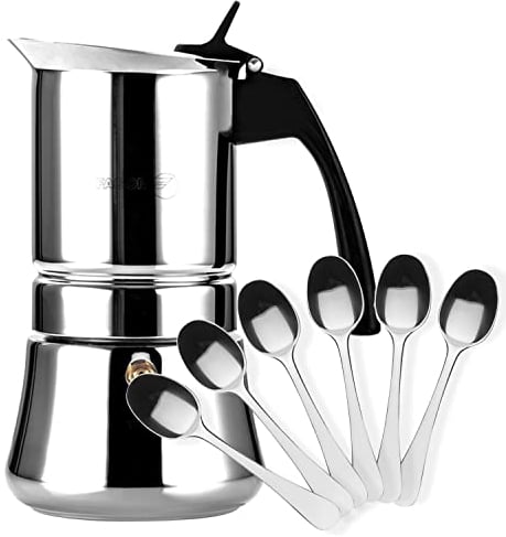Fagor Etnica - Cafetera Italiana 10 Tazas + 6 Cucharas Moka, Acero Inoxidable, Todo Tipo de Cocinas, Inducción, Mango Ergonómicos de Nylon, Café