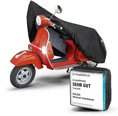 WALSER Premium Motorrad Abdeckplane S, Auszeichnung Sehr Gut* Abdeckplane wasserdicht, Vespa Abdeckplane aus PVC, Outdoor Motorrad Plane, Motorrad Zubehör, Abdeckplane Motorrad schwarz 185x90x110 cm