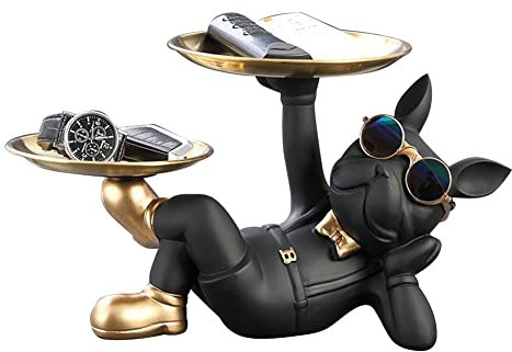 AZURAOKEY Coole Kunstharz-Hundestatue Hund Butler Statue Kreativ Niedlich mit 2 Tabletts Liegende Französische Bulldogge Figur Skulpturen Tischhandwerk Unterseite Anti-Rutsch für Zuhause Büro Geschenk