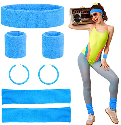 Beamely 80s Headband and Wristband Leg Warmers Party Set for Women and Girls, 1980s Neon Fancy Dress Costumes Accessories with Earrings Sport Kit for 80s Retro Them Party Supplies Gym Sport(Blue)