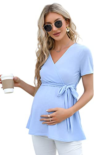 KOJOOIN Damen Stillshirt Schwangerschaftsshirt V-Ausschnitt Umstandsshirt Kurzarm Nursing Tops mit Gürtel Himmelblau(Kurzarm) M