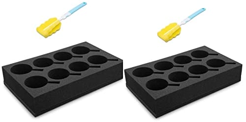 Hawetico 2x Foam Cup Glass Holders - Reinforced Dark Grey Sponge Foam Holds 8 Mugs, Sturdy, for Caravans, Camping, Boats, Motorhomes-Complete with Sponge Cup Brush