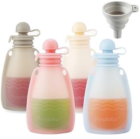 PandaEar Lot de 4 pochettes réutilisables en silicone pour aliments pour bébés, pour tout-petits, enfants, sans BPA, rechargeables pour aliments pour bébé, 160 ml