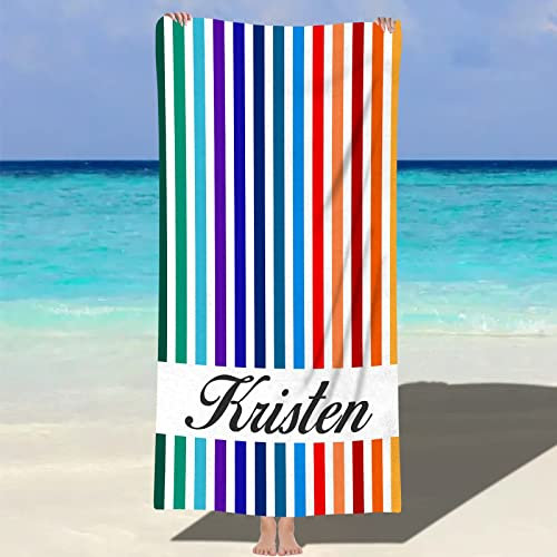 NIBESSER Toalla Personalizada con Nombre Niña Niño Toalla Playa Microfibra Antiarena 76x152 cm Toalla Piscina Ligera de Secado Rápido Toalla de Playa Mujer Hombre Portátil Cómoda, Rayas Arco Iris