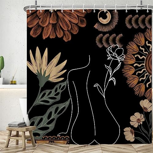 Uiiooazy Rideau Douche Noir, Rideau de Douche 180x240cm Anti Moisissure Abstrait Feuilles Vert Fleuri Rideaux de Baignoire Tissu Lavable Imperméable Polyester Rideaux Salle de Bain avec 12 Crochets
