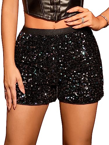 GORGLITTER Damen Short mit Pailletten Party Shorts Freizeitshort für Nacht Club Festivals Outfits Glänzend Kurz Hose Schwarz M