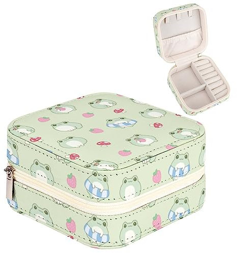 Joyidec Schmuckkästchen aus PU-Leder, niedlicher Frosch, Erdbeere, kleine Reise-Schmuckschatulle, Aufbewahrungshalter für Ringe, Ohrringe, Halsketten, Armbänder, Anhänger, Organizer