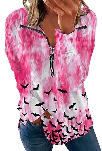 Halloween Pullover Damen Langram Halloween Fashion Langarm-Sweatshirt mit halbem Reißverschluss, seitlich geteilt, rosa Zunge, Fledermaus-Aufdruck, Damen-Sweatshirt ohne Kapuze Oversized (J, XXL)