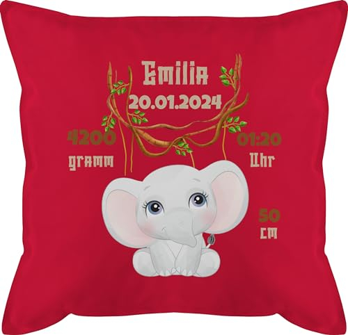 Kissen 50x50 - Zur Geburt - Geburtsgeschenk Elefant Datum Gewicht Uhrzeit Größe - 50 x 50 cm - Rot - fuellung Baby Kissen+Geburt Neugeborene Geschenke füllung Junge personalisierte neugeborenen