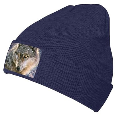 LAMAME Trendy Wolf Gedruckt Gestrickte Fleece Kappe Modische krempenlose Kappe Warme Mützen, marineblau, 5-8