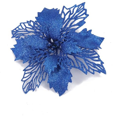 Whakano 10 Stück Weihnachten Glitzer Weihnachtsstern Blumen mit Clips, | Poinsettia Weihnachtsblume Glitzernde für Weihnachtsbaum,Weihnachtsblumen für Weihnachts,Neujahr,Kränze,Blau
