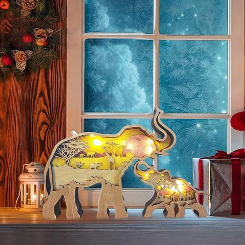 Drawelry Waldtiere Holzstatue Ornament mit LED Nachtlicht Holzhandwerk Elefant Wolf Fuchs Adler Eisbär Schnitzerei Holz Tiere Skulptur für Home Büro Schlafzimmer Kinderzimmer Desktop Dekor (Elefant)