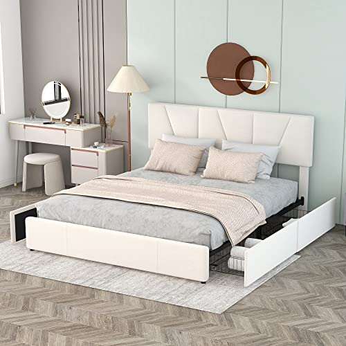 Polsterbett 160 x 200 cm - Doppelbett Bett mit Lattenrost, Polsterbett Bett mit Vier Schubladen auf Zwei Seiten, Verstellbares Kopfteil, Jugendbett Gästebett, Samtpolsterung, ohne Matratze Beige