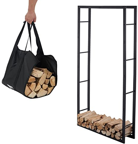 Lendo Online Scaffale per legna da ardere + borsa per il trasporto, per interni ed esterni, Portalegna, per legna da ardere – deposito legna – metallo nero (100x25x196cm)