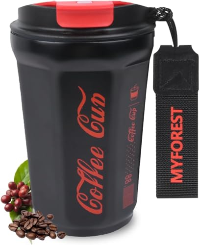 MYFOREST 400ml/14oz Travel Coffee Mug, Insulated Cup with Lid/Portable Strap/Double-Layer Vacuum/Leak-Proof/Keep 6 Hours hot/100% Dishwasher-Safe