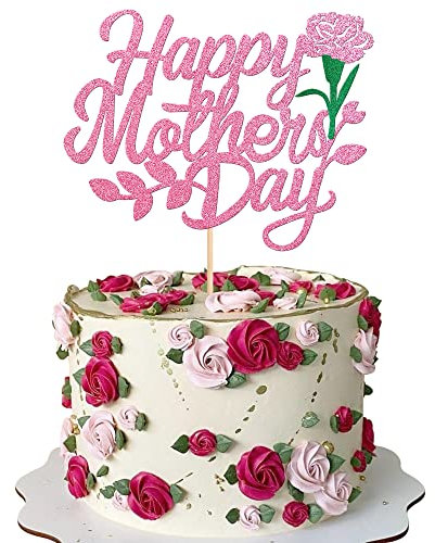 SYKYCTCY 1 Pack Happy Mother's Day Cake Topper Glitter Rose Flower Love Heart Best Mom Cake Pick for Women Birthday Happy Mother's Day Theme Party Cake Decoration Supplies Pink