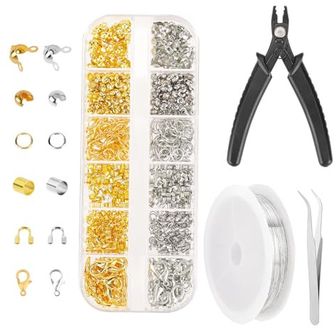 KALIONE Crimp Beads Covers Tubes Crimp Clasps Ends for Jewelry Making, Wire Ring Kit, Lobster Clasps Crimp Beads Covers Jump Rings Crimp Tubes Wire Guardians with Pliers and Beading (1200 Pcs)