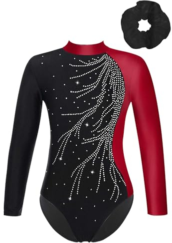 Oyolan Mädchen Langarm Gymnastikanzug Kinder Turnanzug mit Rundhals Pailletten Turnbody Gymnastiktrikot Turntrikot Gr.116-176 M Burgundy&Schwarz 158-164
