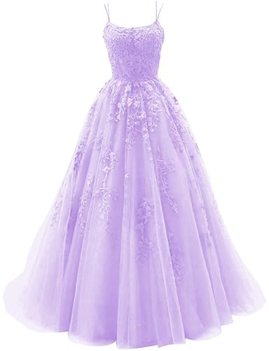 Vtorliya Women's Lace Appliques Prom Dresses Long Tulle Spaghetti Straps Ball Gowns Corset Backless Evening Dress Lilac