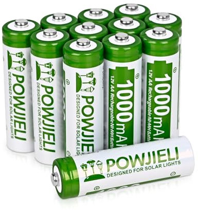POWJIELI Ni-MH Rechargeable AA Batteries,High Capacity Pre-Charged 1.2V 1000mAh Double A Solar Batteries for Outdoor Solar Lights, String Lights,Pathway Lights(Pack of 12)