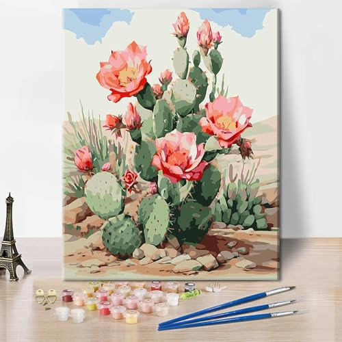 TISHIRON Kit de Peinture par Numéros pour Adultes Débutants - Cactus sur Toile - Fleur Fleurie - Désert Aquarelle