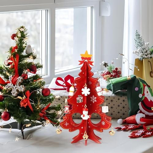 CutitiUU 3D Wooden Christmas Tree, Tabletop Standing Wood Christmas Trees, Home Decor with stars and bells, Christmas Table Decorations for Holiday Festival Home Desk Decor Christmas Best Gift