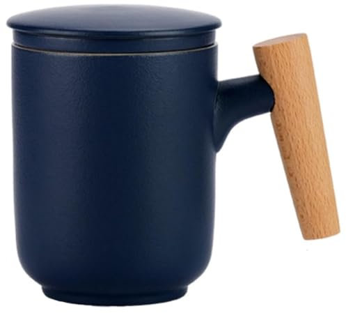 MAGICVOGEL Keramik Teetasse mit Teesieb und Deckel,300ml Teebecher mit mit Holzgriff matte Oberfläche Keramiktasse Losen Tee Becher Geschenk (Dunkelblau)
