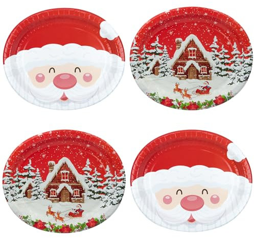 HNH - Platos de papel ovalados para Navidad, Papá Noel y casa de nieve (24 unidades, platos de papel desechables, vajilla de fiesta para Navidad