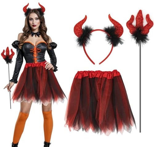 ALLY-MAGIC Devil Costume Women 3pcs Red Horns and Fork Tutu Skirt Set Halloween Outfit for Adult Fancy Dress Cosplay Accessory Y7CREMTZ
