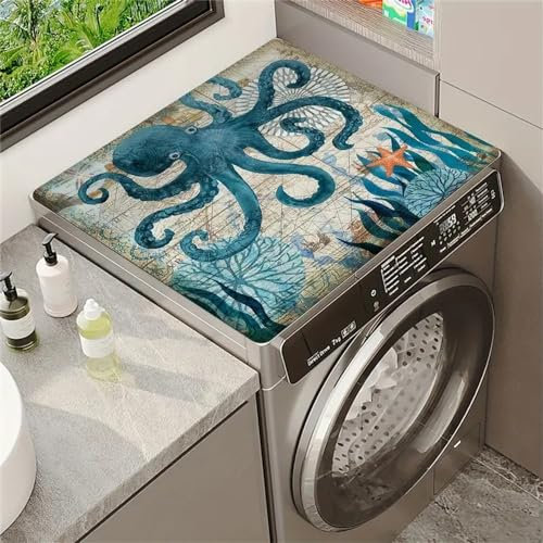 Morbuy Coprilavatrice Tappetino per Lavatrice e Asciugatrice, Oceano Stampa Antiscivolo Assorbente Asciugatura Rapida, Morbido e Ritagliabile per Frigorifero, Cucina (50x50cm,Polpo)