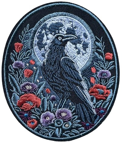 4 Raven Moon Flowers Embroidered Iron-on Patch, Viking Badge, Gothic, Crow Gifts