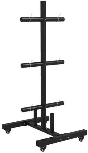 SPORTNOW Weight Rack for Olympic Weight Plate, 3 Tier Weight Tree for 2 inch Plates and Bars, Weight Organiser Stand with 4 Transport Wheels and Clamps for Home Gym, Max Load 200kg, Black