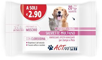Active Pet Salviette Multiuso con Clorexidina, per la Detersione e Pulizia del Pelo di Cani e Gatti, Profumate al Muschio - Confezione da 20 Salivette