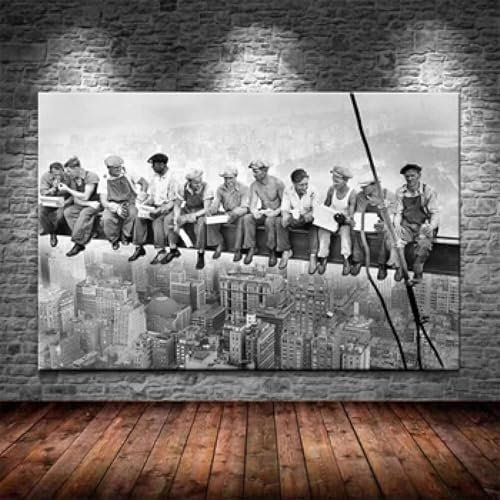 ZHUOYA Poster mit Blick auf New York City, Mittagessen auf einem Wolkenkratzer, Wandkunst, Bild, Schwarz-Weiß-Poster, Vintage-Leinwandgemälde, Dekoration, 70 x 100 cm, rahmenlos