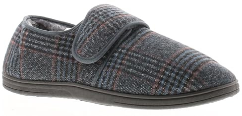 Dr Keller David Mens Moccasin Slippers for Men - Full Length Moccasin Men Slippers with Large Check Design & Navy Binding, Touch Close Fastening Diabetic Orthopedic friendly