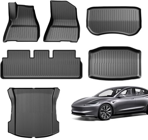 GEARMONSTER Fußmatten für Tesla Model 3 2017-2024, inkl. Highland, Allwetter TPE Gummimatten, wasserdicht & rutschfest, 3D-Scan gefertigt, Extra hoher Rand, Innenraum-Schutzmatten, Schwarz, 6-teilig