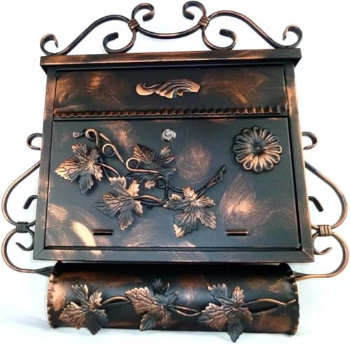 Buzón antiguo de hierro forjado con compartimento para periódicos, color: negro – cobre – nuevo