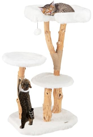 SOARS Arbre à Chat en Bois Massif, Arbre à Chat avec 3 Troncs de Poirier Naturels, Lit pour Chat Surface en Peluche, avec Balle de Jeu, Corde en Jute, Meubles pour Chats 59 X 49 X 110 CM