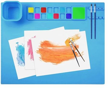 Tapete De Estación De Pintura, 50 x 40 cm Alfombrilla De Silicona para Manualidades, Tapete de Silicona para Pintura con Taza, para Crafting Acuarela Pintura Arcilla y DIY Proyectos (Azul)