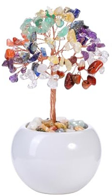 JSDDE Bonsai Arbre de Vie en Pierres Naturelles Porte-Bonheur Arbre de Cristal Feng Shui Pierres et Cristaux Vase en Céramique Guérison Reiki Lithotherapie Décoration Intérieurs 13-14cm (7 Chakra)