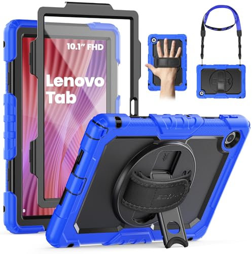 SEYMAC Coque pour Lenovo Tab 10,1 Pouces 2025(TB-311FU/TB-311XU), Coque Antichoc pour Lenovo Tab 2025 avec Protecteur d'écran, Support Rotatif à 360° et Dragonne, Bandoulière, Porte-Stylo, Bleu