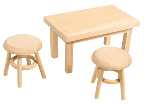 Rayher Miniatur-Tisch mit 2 Hockern, Holz, FSC zertifiziert, natur, Tisch 8 x 5 x 4,5 cm, Hocker 3,5 cm ø, Höhe 3,8 cm ø, Miniatur Möbel Wichtel, Wichtel Zubehör, Puppen Zubehör, 46819505
