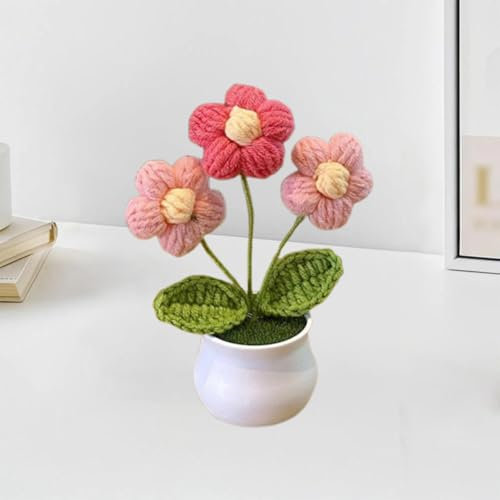 Esyzsss Bouquet di fiori all'uncinetto, fiori lavorati a maglia, graziosi fiori all'uncinetto fatti a mano, mini fiori a sbuffo intrecciati in vaso, piccoli crisantemi, utilizzati per scrivania di