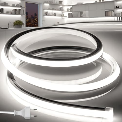 BRIMETI LED Streifen Aussenbereich 230V Wasserdicht IP65 Neon Strip 5M Lichtband Weiß 6000K 120LED/M Silikon Aussen Schlauch Lichtleiste Band für Outdoor Innen Heim Küche mit Netzteil