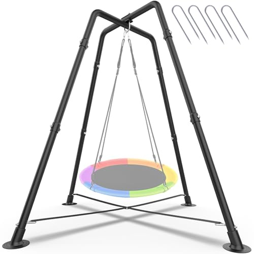 Heavy Duty Swing Stand Frame for Kids & Adults, 330 LBS | 32mm diameter, 4 Ground Stakes, Compatible Most Swings, indoor outdoor, Easy assembly, Black, saucer swing not included