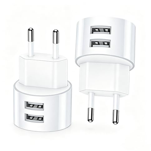 2 adattatori per presa USB, 2 porte USB, alimentatore di rete piatto, 5 V 2,1 A, compatibile con prese IP44 e avvolgicavo, per smartphone/tablet/MP3-MP4