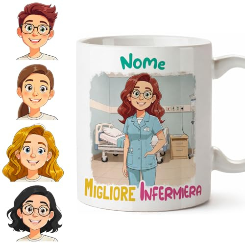 Generico Tazza Personalizzata Professioni e Hobby – Personaggio Femminile Personalizzato (Capelli, Occhi, Occhiali) – MUG Con Nome e Dedica sul Retro – Regalo per Collega, Amica o Laurea (Infermiera)